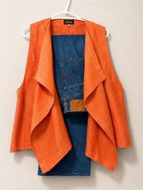 Eskandar 100% Linen Draped Waterfall Vest / Jacket – Tangerine Orange – Size 0